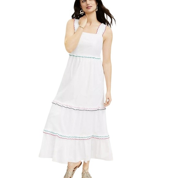 LOFT Dresses & Skirts - LOFT White Ric Rac Rainbow Trim Tiered Maxi Dress XS Square Neck Ruffle Strap XS